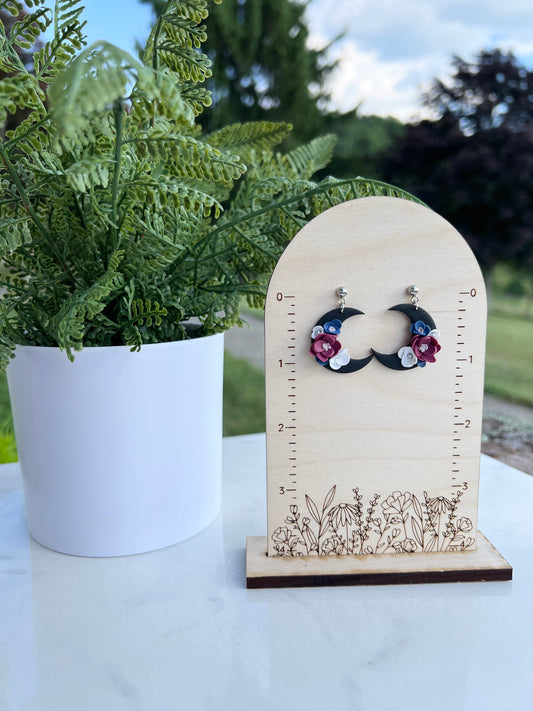 Black Floral Moon Earrings