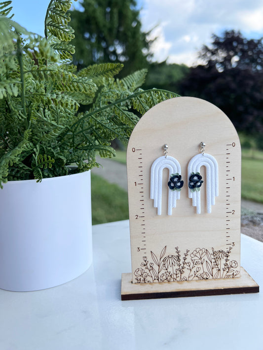 White Arch Earring with Navy Blue Floral